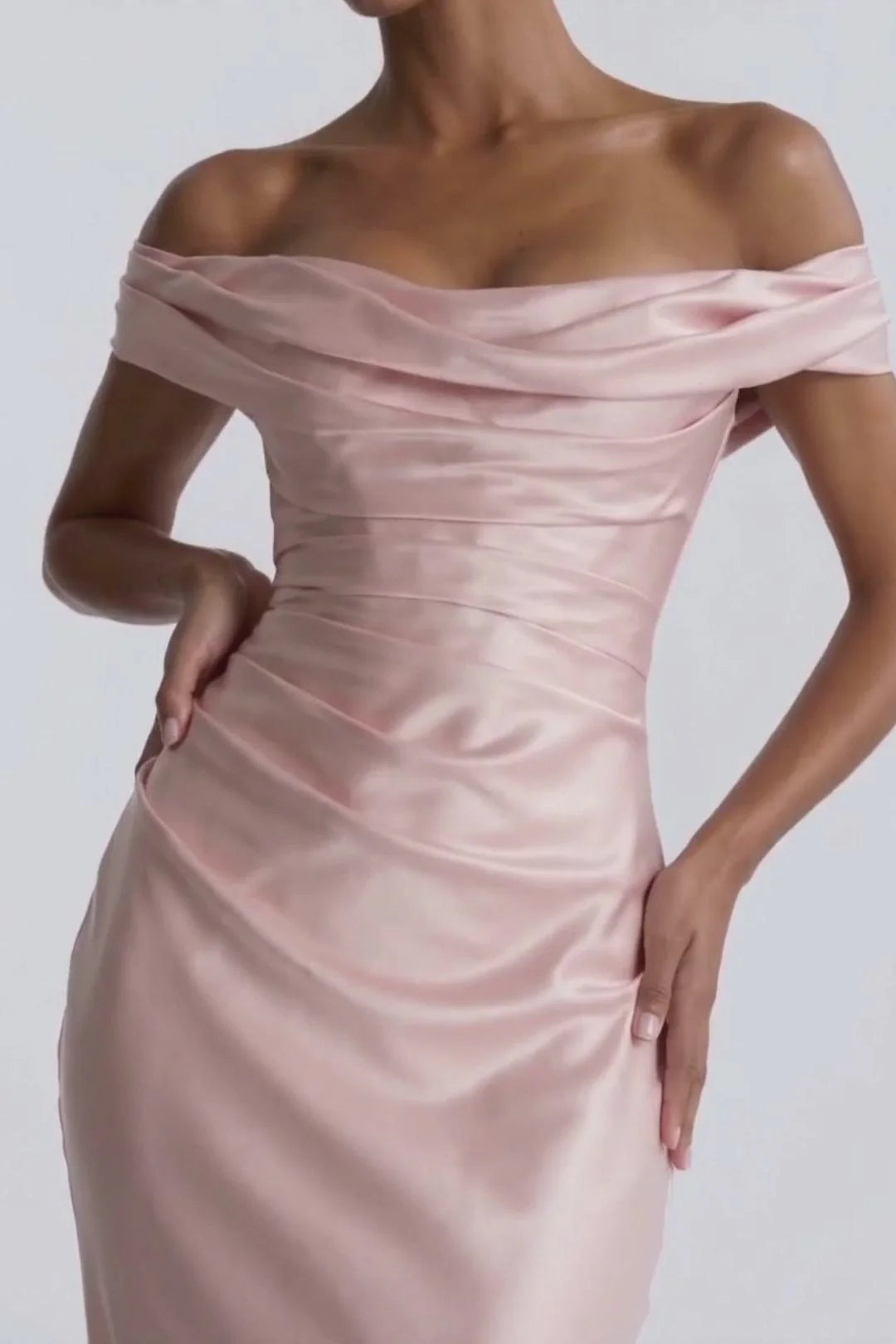 Sheath Off-the-Shoulder Short Sleeve Satin Ruched Lace-Up Evening Dress