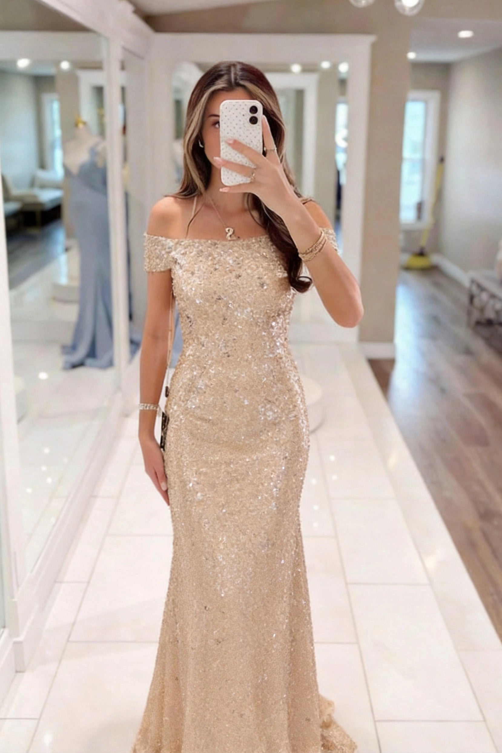 Glam Mermaid Off Shoulder Zip Back Beaded Floor Length Mother Of The Bride Dress