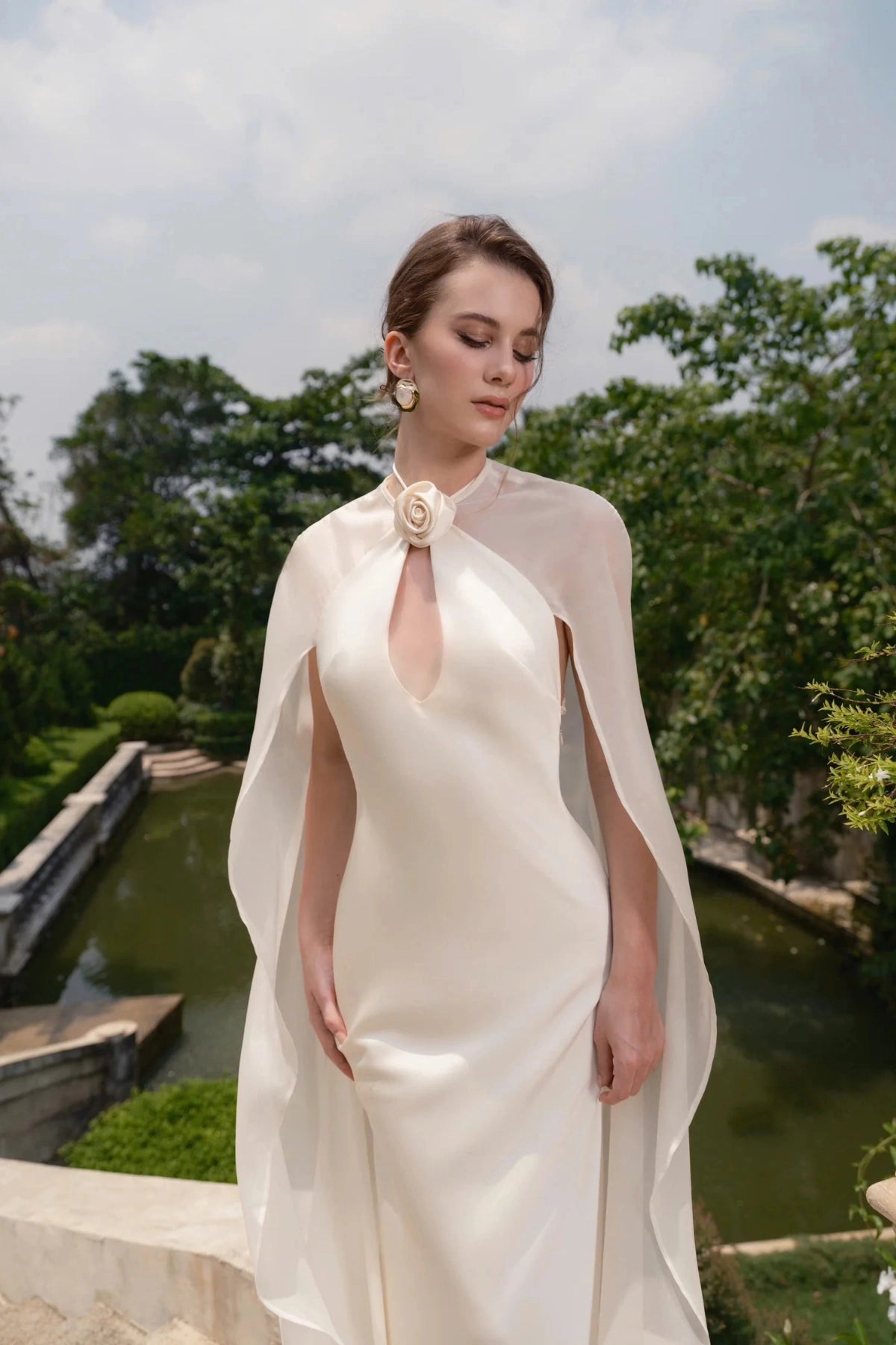 Elegant Mermaid High Neck Cape Sleeves Closed Back Floor Length Wedding Gown