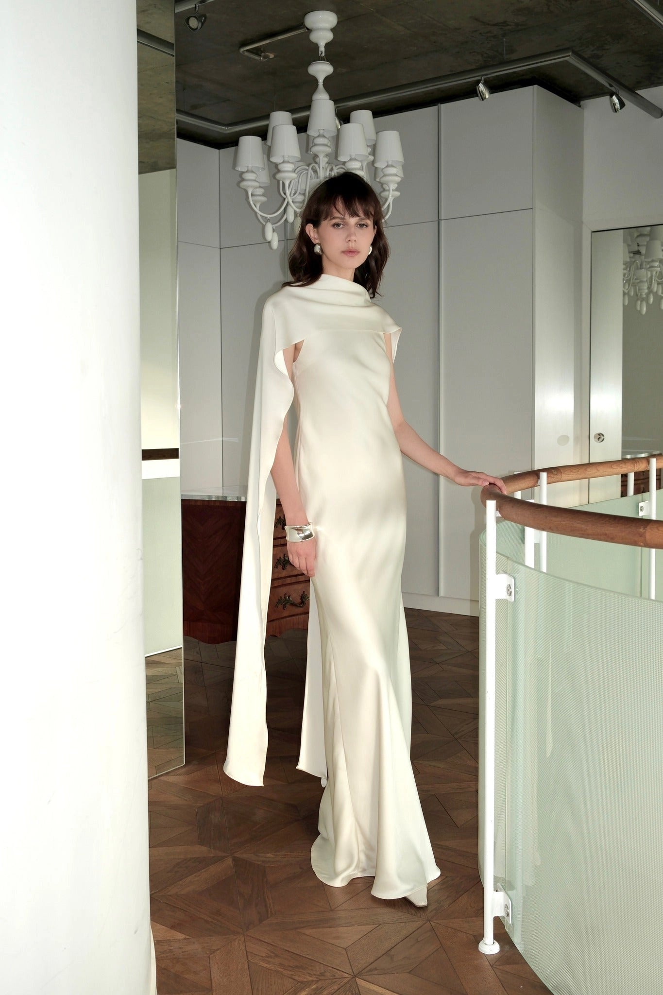 Minimal Sheath High Neck Sleeveless Cape Open Back Floor Length Wedding Gown