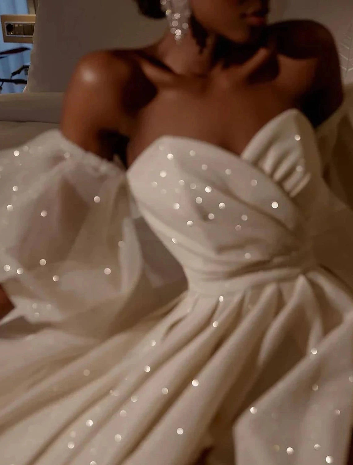 Sparkly A-Line Sweetheart Off Shoulder Detachable Sleeve Floor Length Wedding Dresses