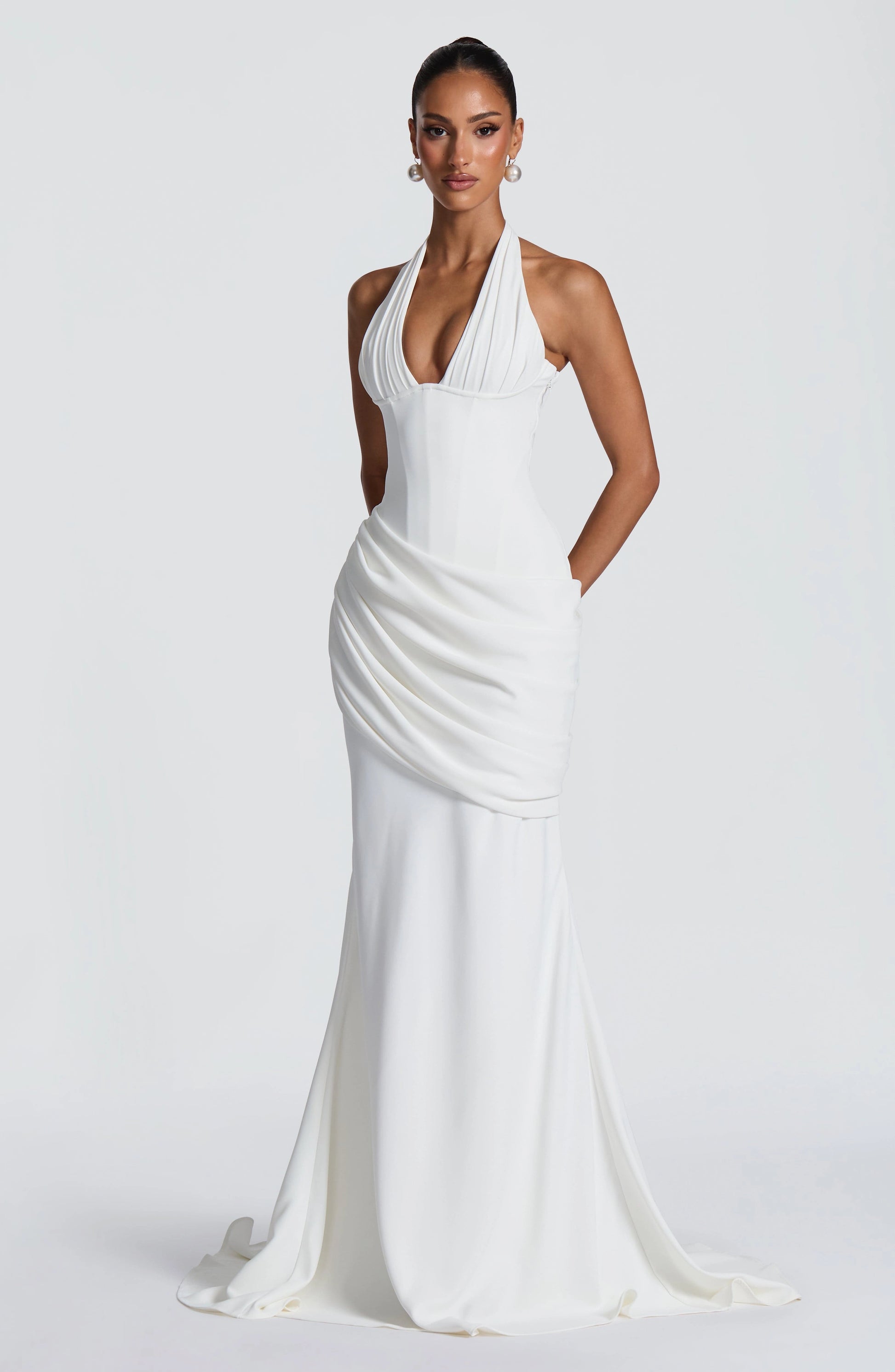 Fitted Mermaid Halter Sleeveless Lace Up Back Floor Length Wedding Dress