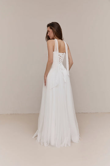 Dreamy A-line Strapless Cape Sleeve Corset Back Floor-length Wedding Dress