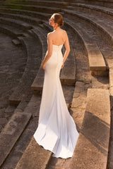 Ivory satin wedding dress Elegant Mermaid Strapless Cape Sleeve Open Back Sweep Train Wedding Dress