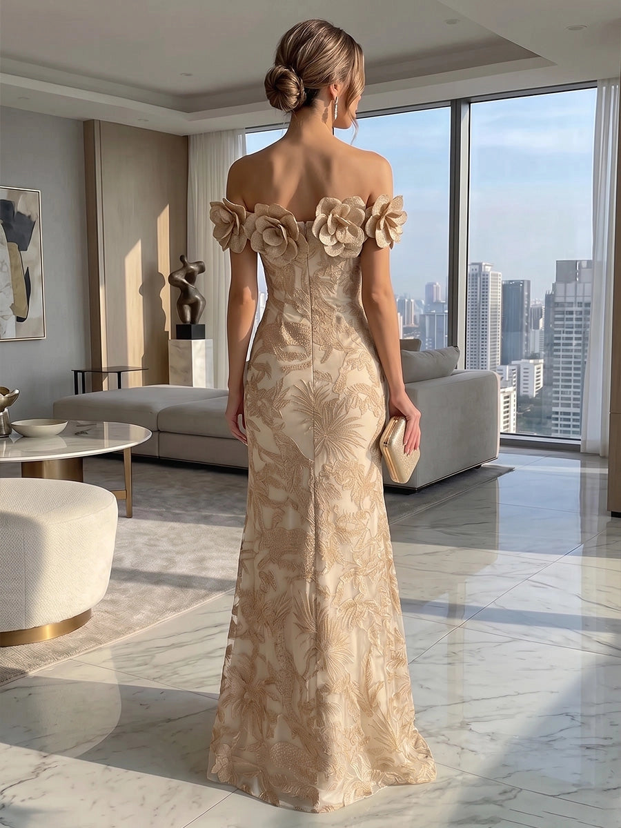Vedress closed‑back embroidered gold floral mermaid evening gown back view