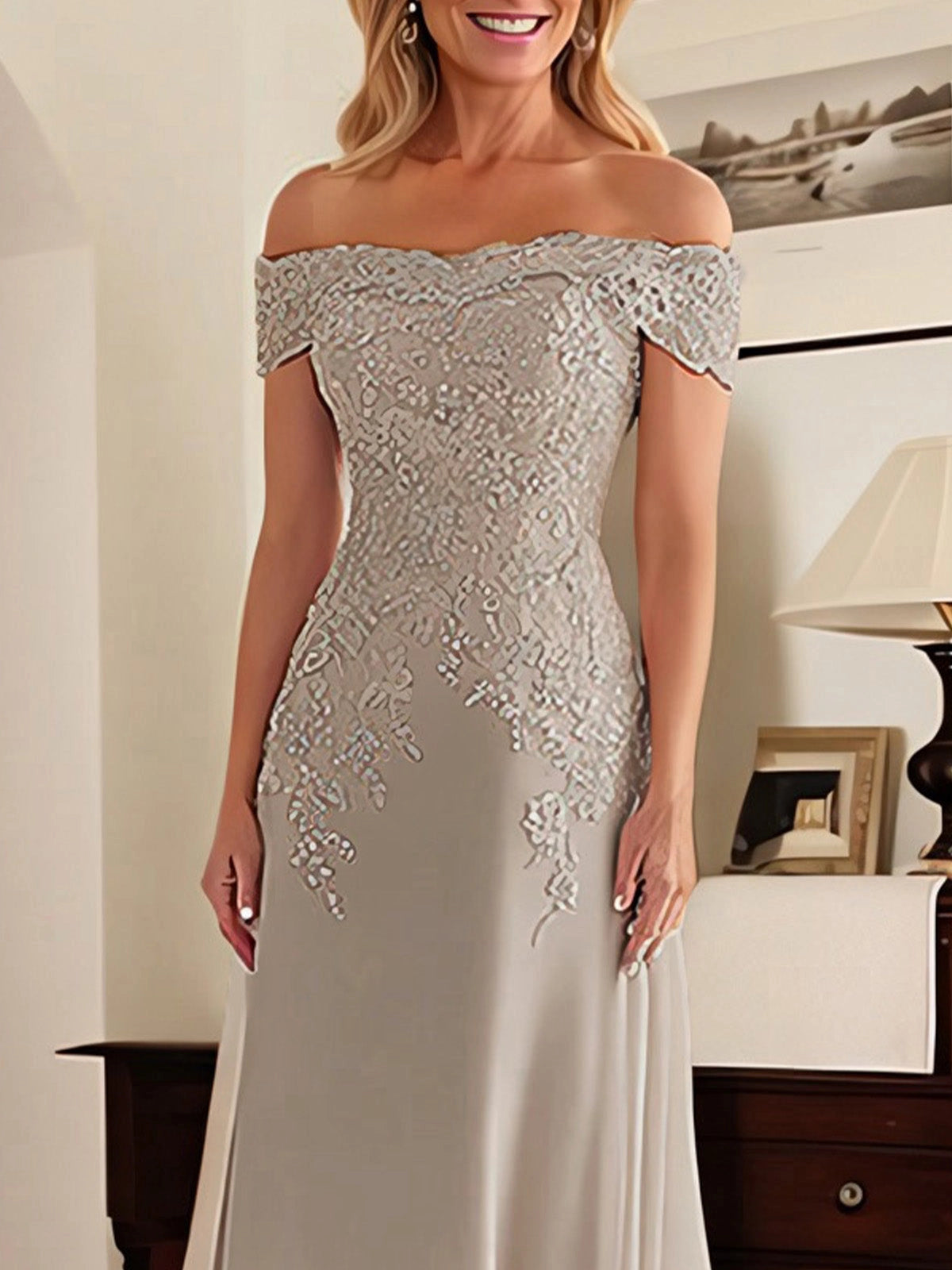 Dusty Gray Off The Shoulder Lace Applique Mermaid Long Mother Of The Bride Dress