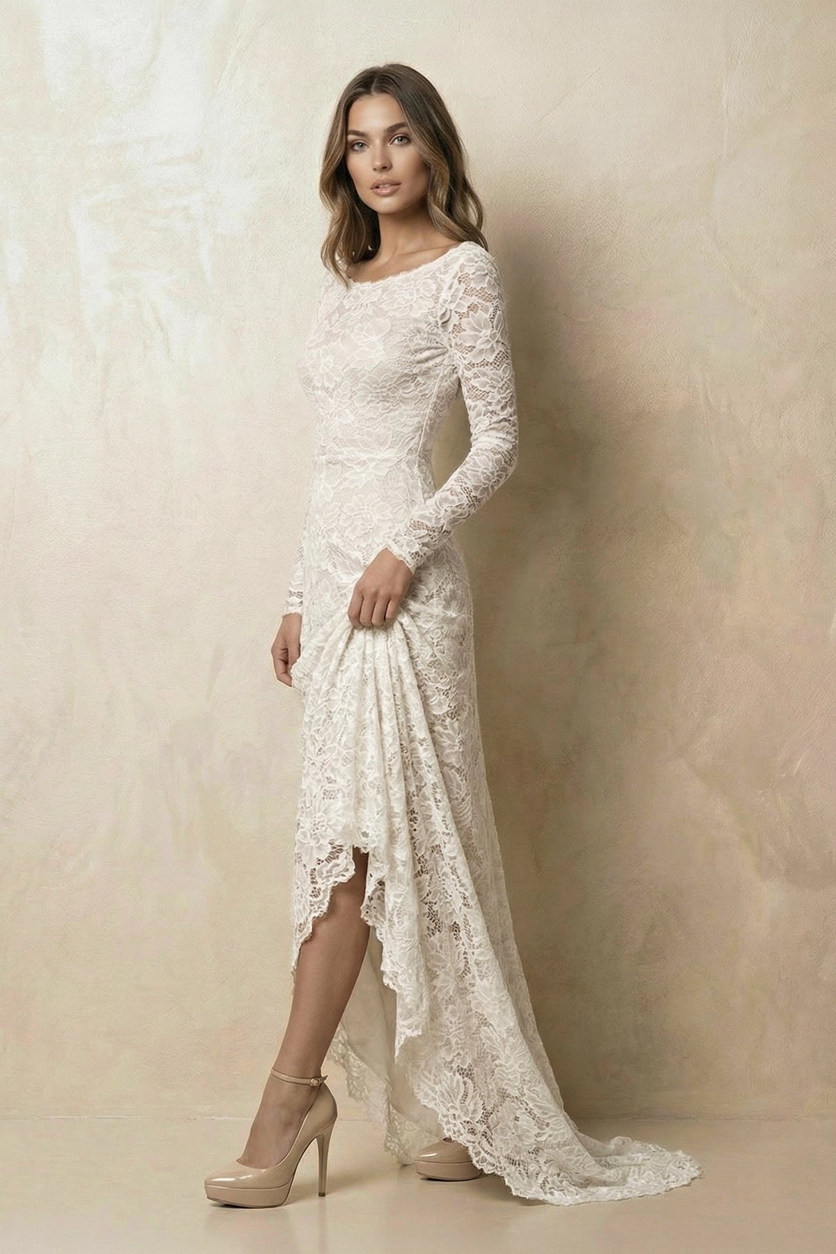 Boho Mermaid Boat Neck Long Sleeve U Open Back Train Wedding Bridal Dress