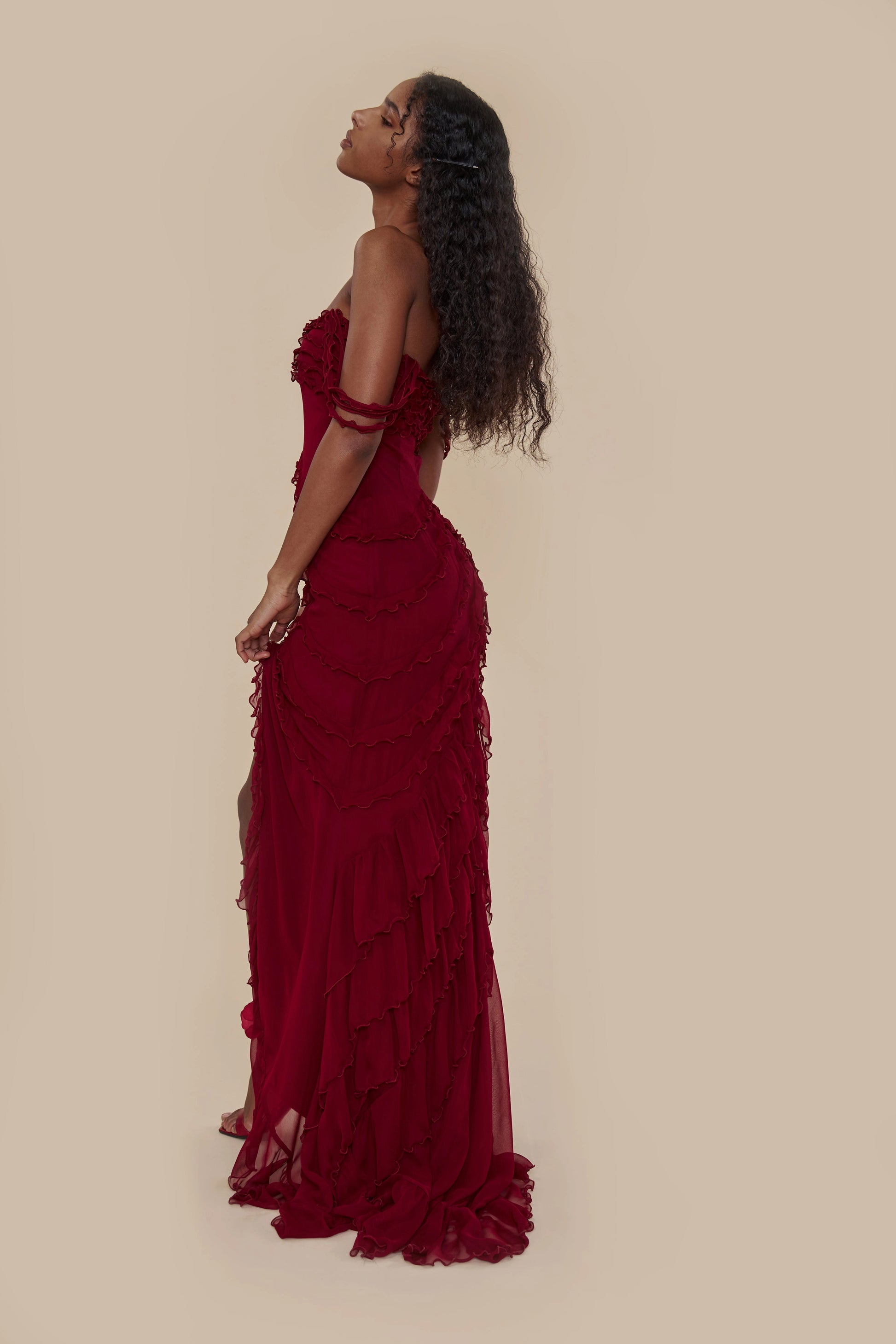 Sultry Mermaid Off‑the‑shoulder Strap‑sleeve Sheer‑back Slit Train‑length Prom Dress