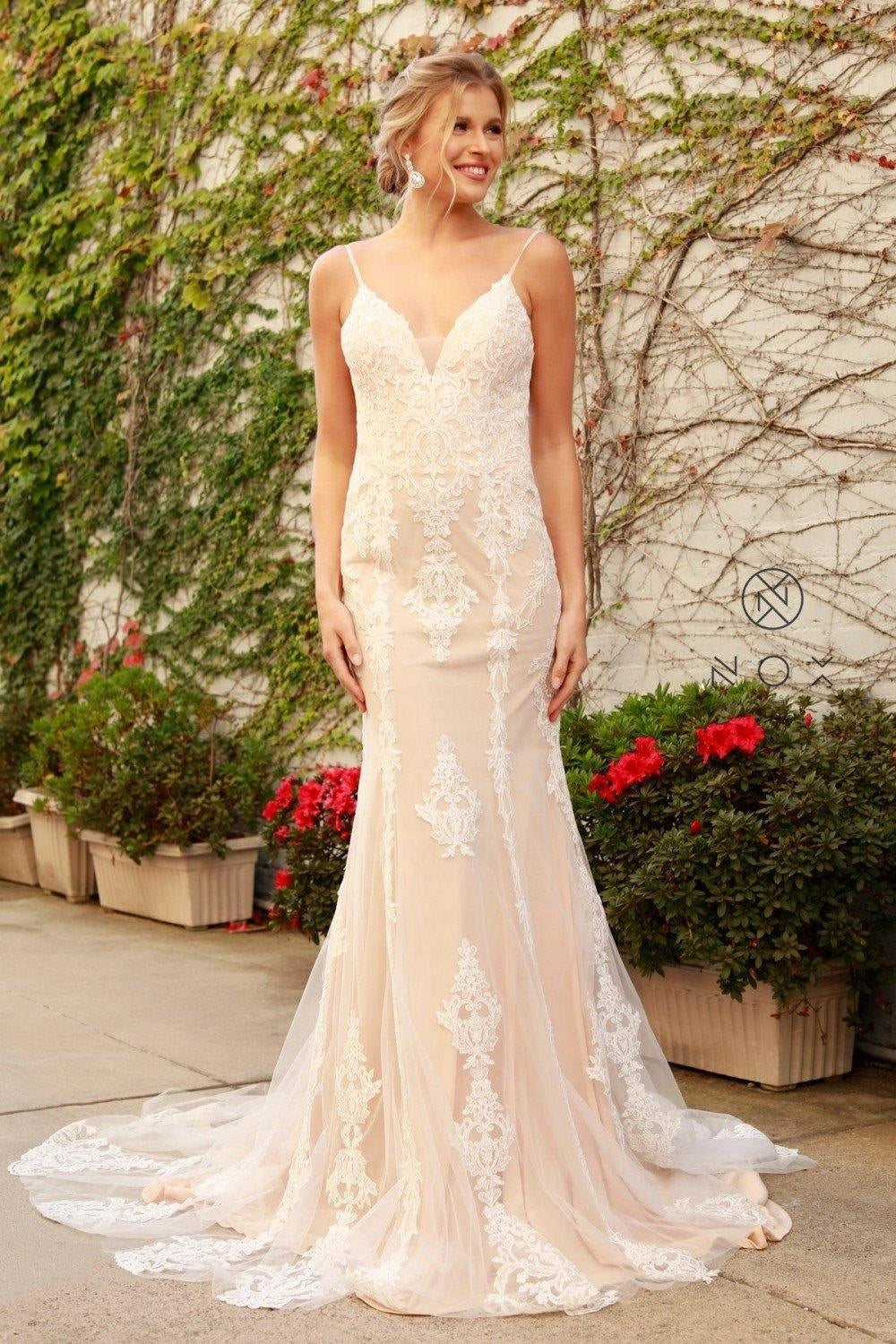 Romantic Vintage Lace Mermaid Spaghetti Strap Deep V Low Back Wedding Dress