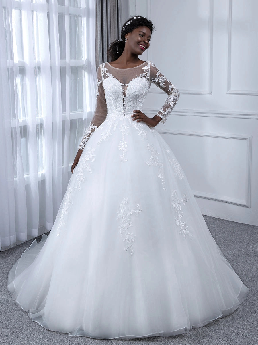 Classic A Line Illusion Round Long Sleeve V Back Chapel Train Wedding Dress