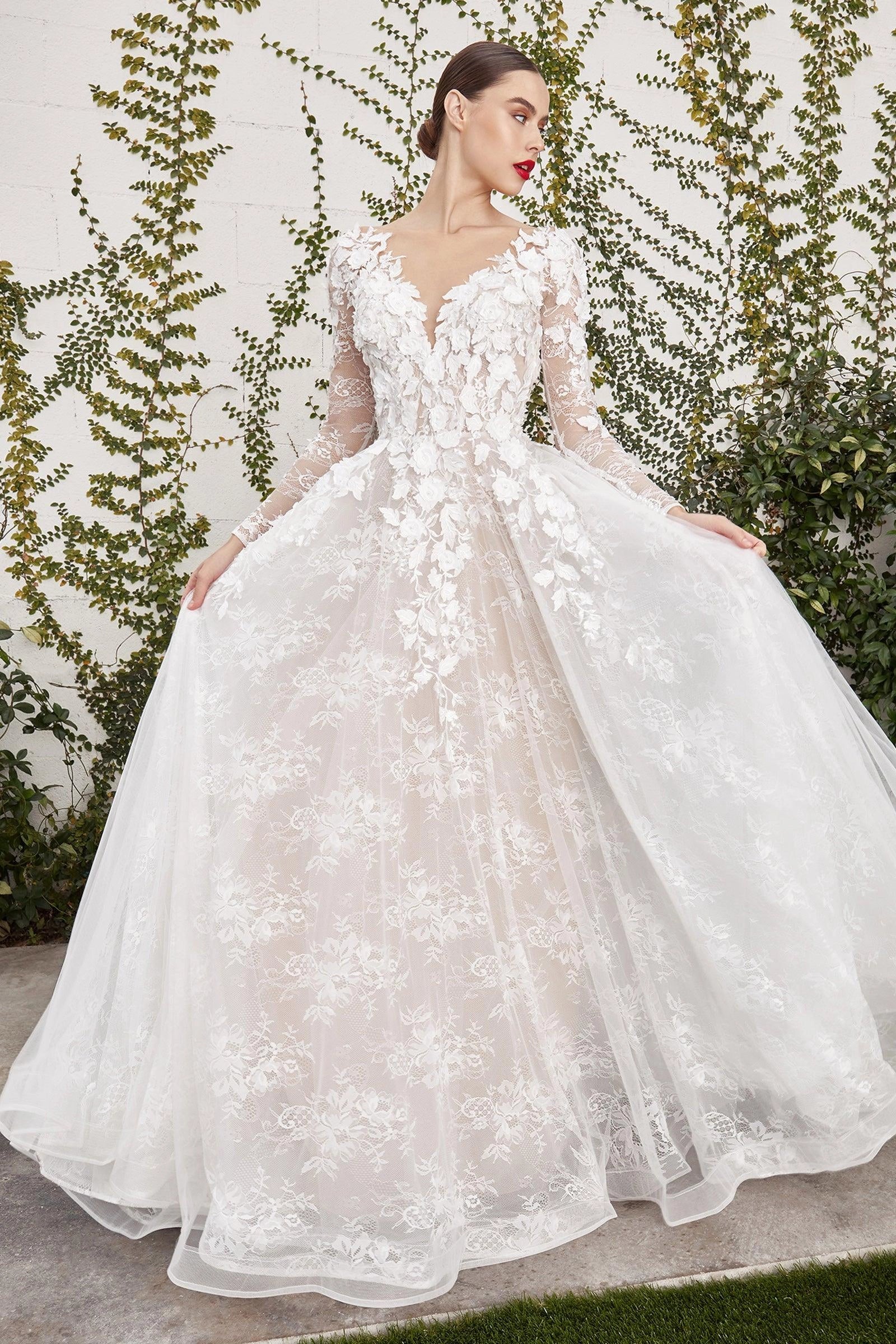 Romantic 3D Floral A-Line Deep V Long Sleeve Low Back Tulle Wedding Dress