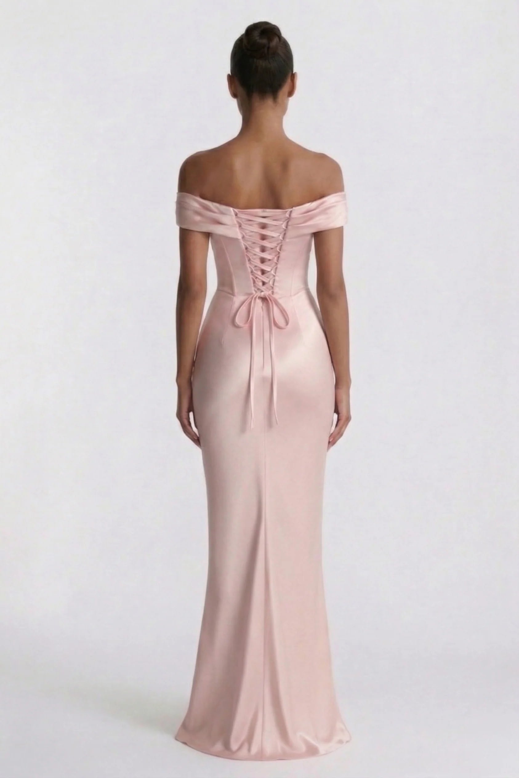 Sheath Off-the-Shoulder Short Sleeve Satin Ruched Lace-Up Evening Dress