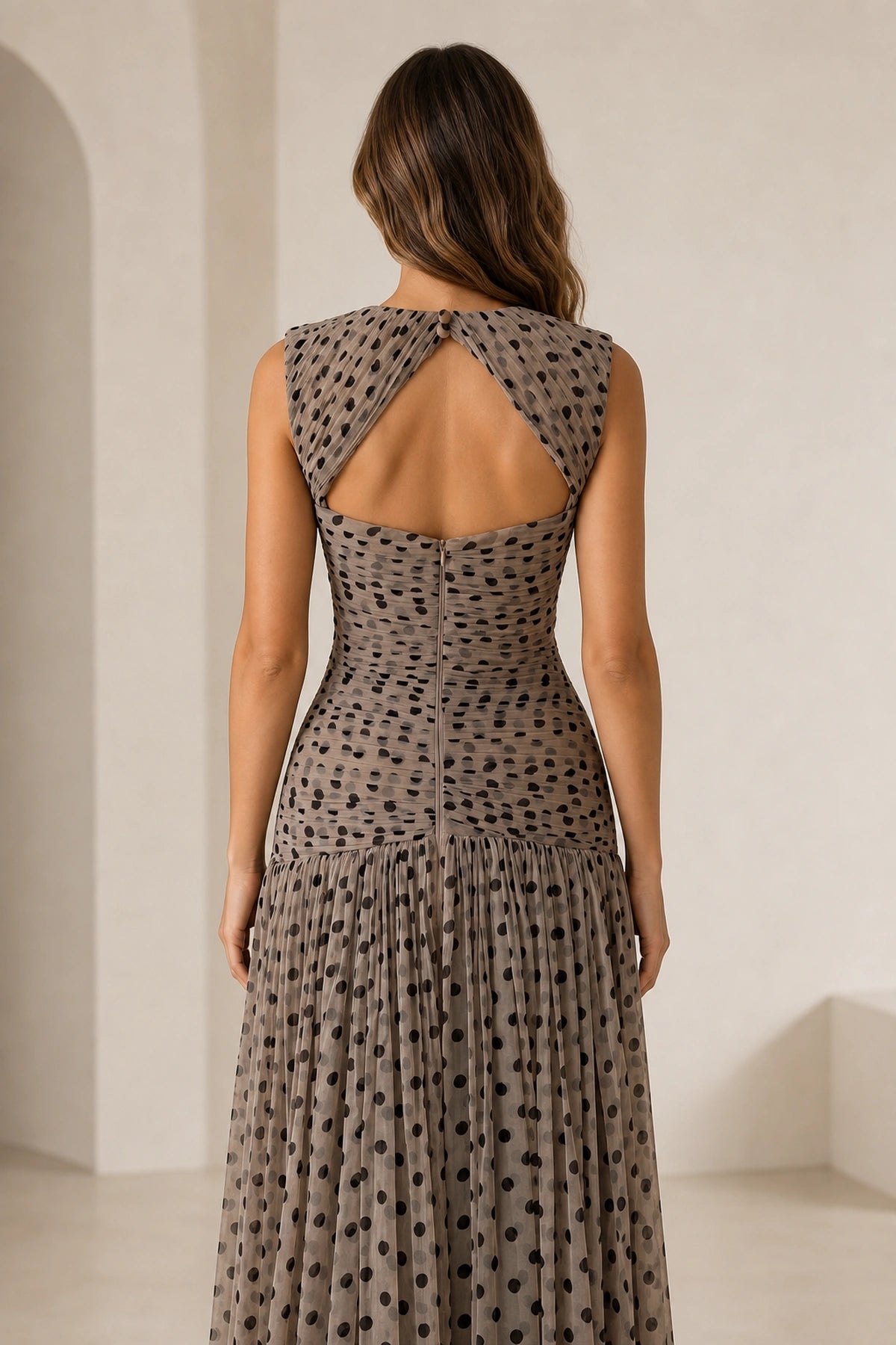 Taupe Polka Dot Sleeveless Bow Front Cutout Back Maxi Prom Dress