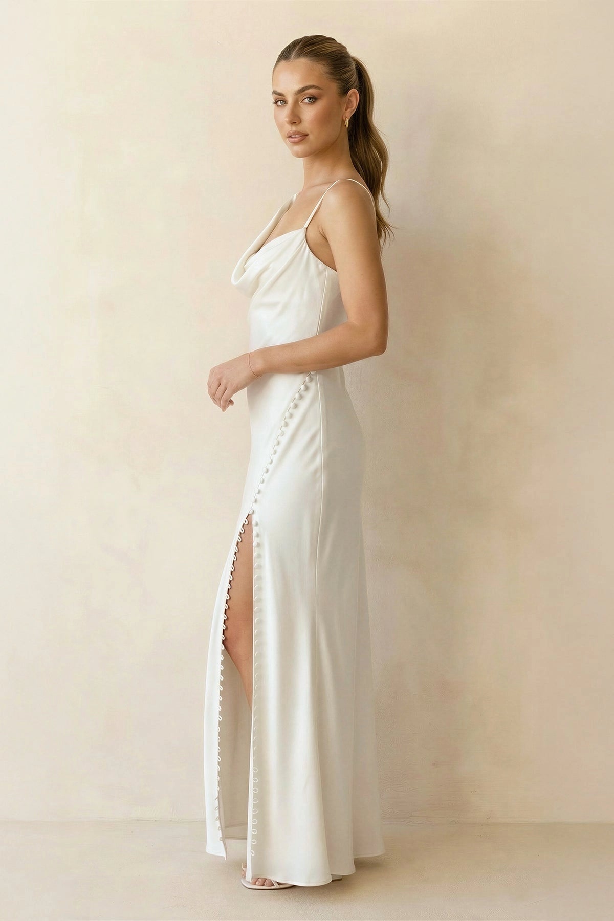 Luxury Mermaid Cowl Sleeveless Lace Up Back Maxi Wedding Bridesmaid Dress