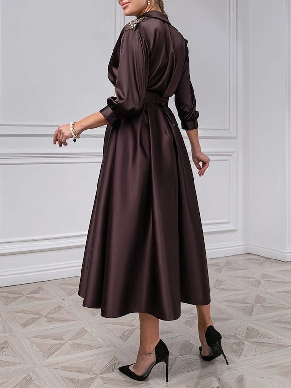 Sophisticated A‑Line Lapel‑V 3/4‑Sleeve Tie‑Back Midi Mother Of The Bride Dress