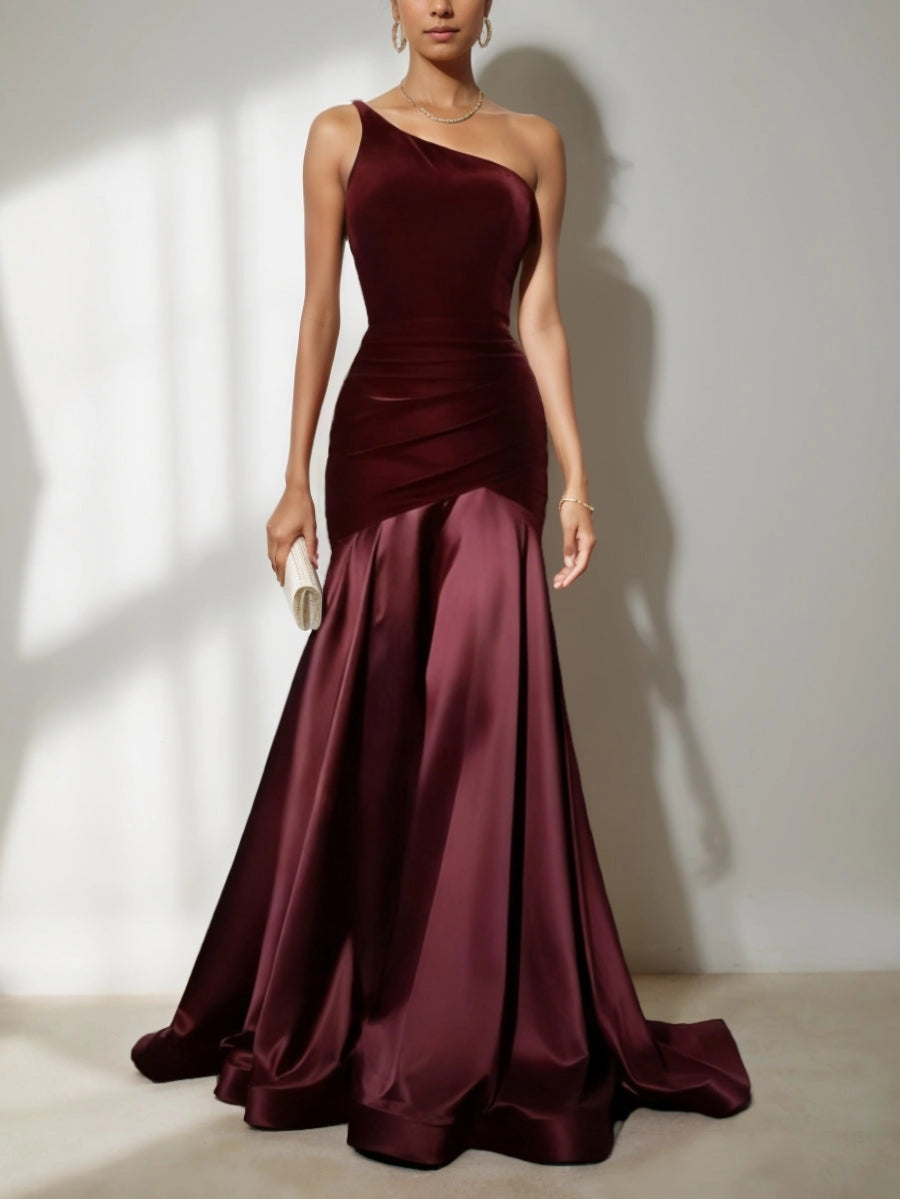 Burgundy Mermaid One‑Shoulder Velvet Satin Mother of the Bride Dress