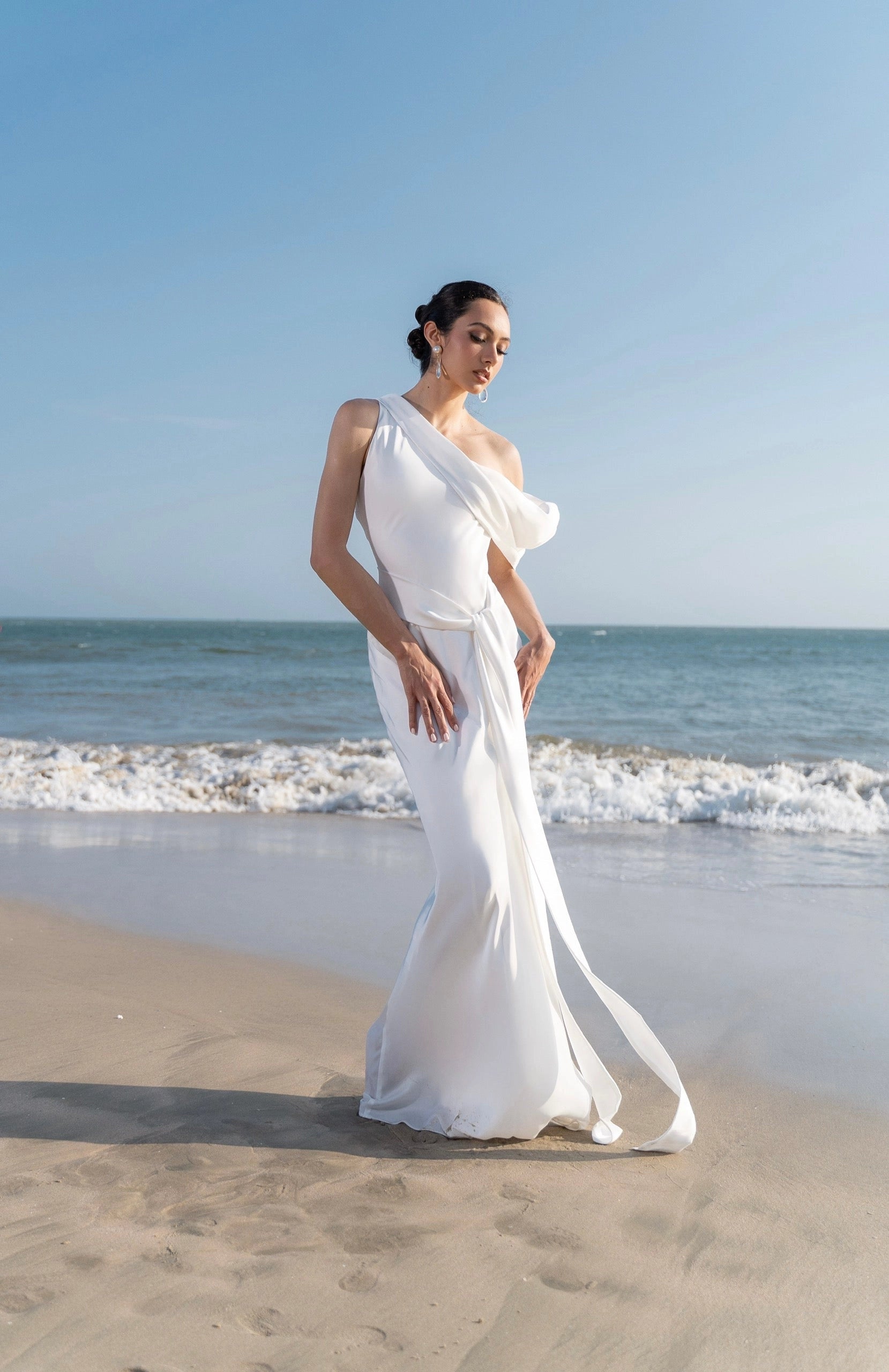 Chic Sheath One‑Shoulder Asymmetrical Open Back Floor‑Length Wedding Dress
