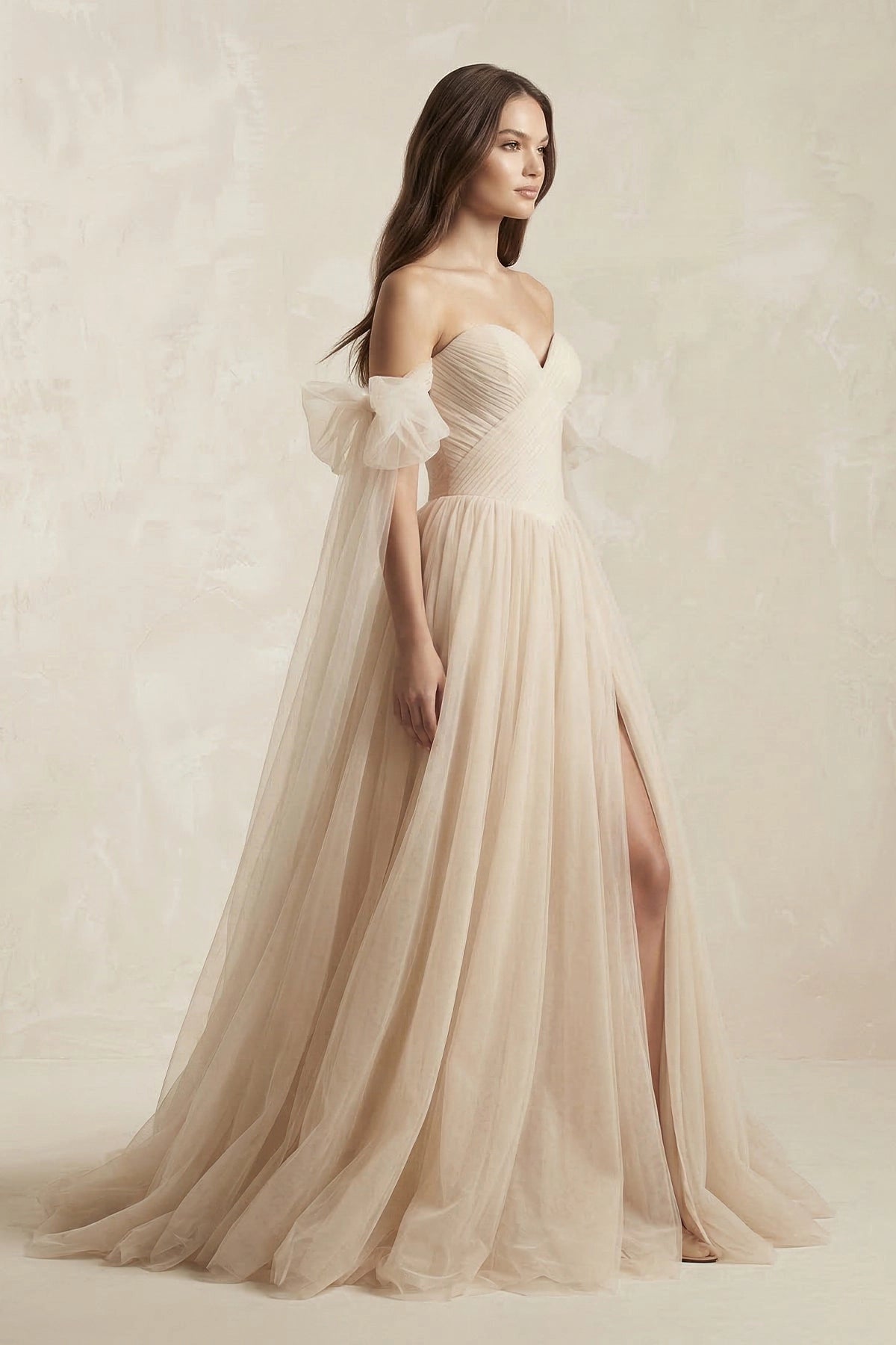 Dreamy A-Line Sweetheart Off Shoulder Bow Sleeve Lace Up Back Train Wedding Prom Dress