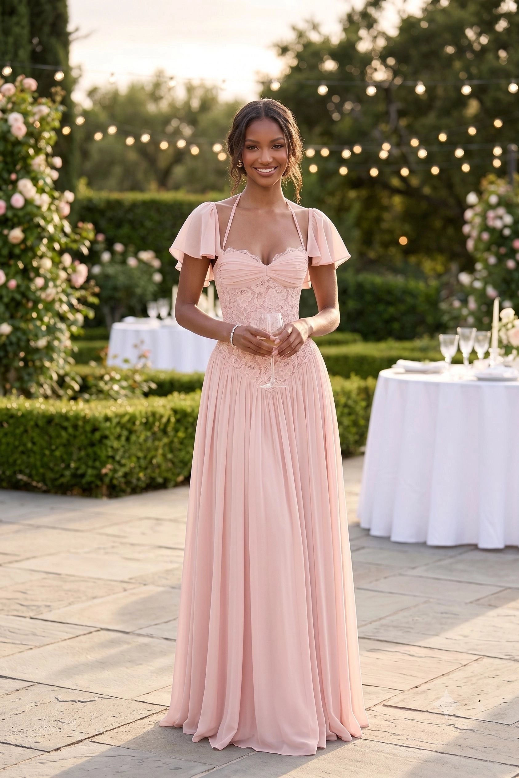 Romantic A-Line Sweetheart Flutter Sleeves Lace-Up Back Floor-Length Wedding Guest Dress