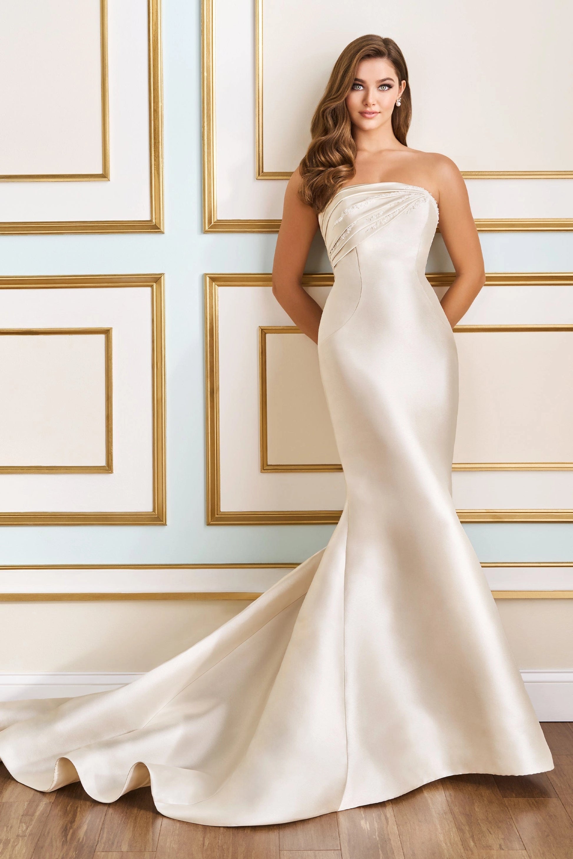 Convertible Mermaid Strapless Lace-Up Back Satin Wedding Dress With Detachable Overskirt