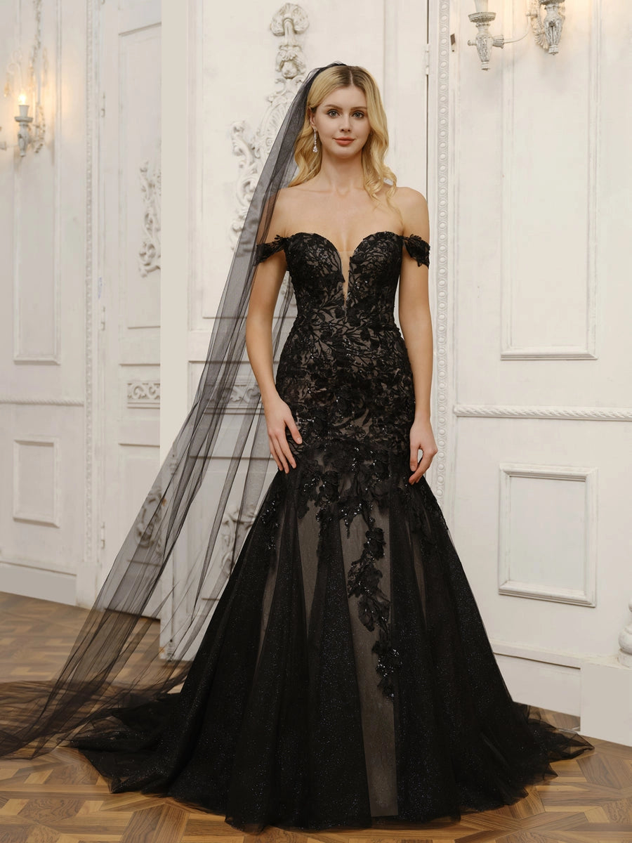Gorgeous Mermaid Off Shoulder Deep V Plain Back Chapel Train Wedding Dress