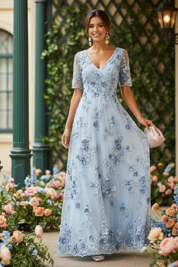 Dusty Rose A-line V-neck Elbow Sleeve V-back Long Mother of Bride Dress