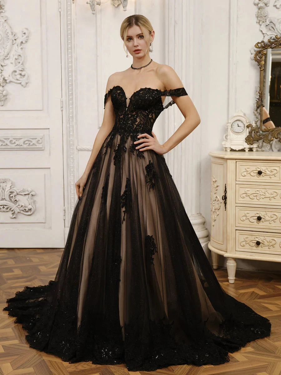 Black Lace Sparkly A-Line Sweetheart Off Shoulder Corset Lace-Up Train Prom Gown