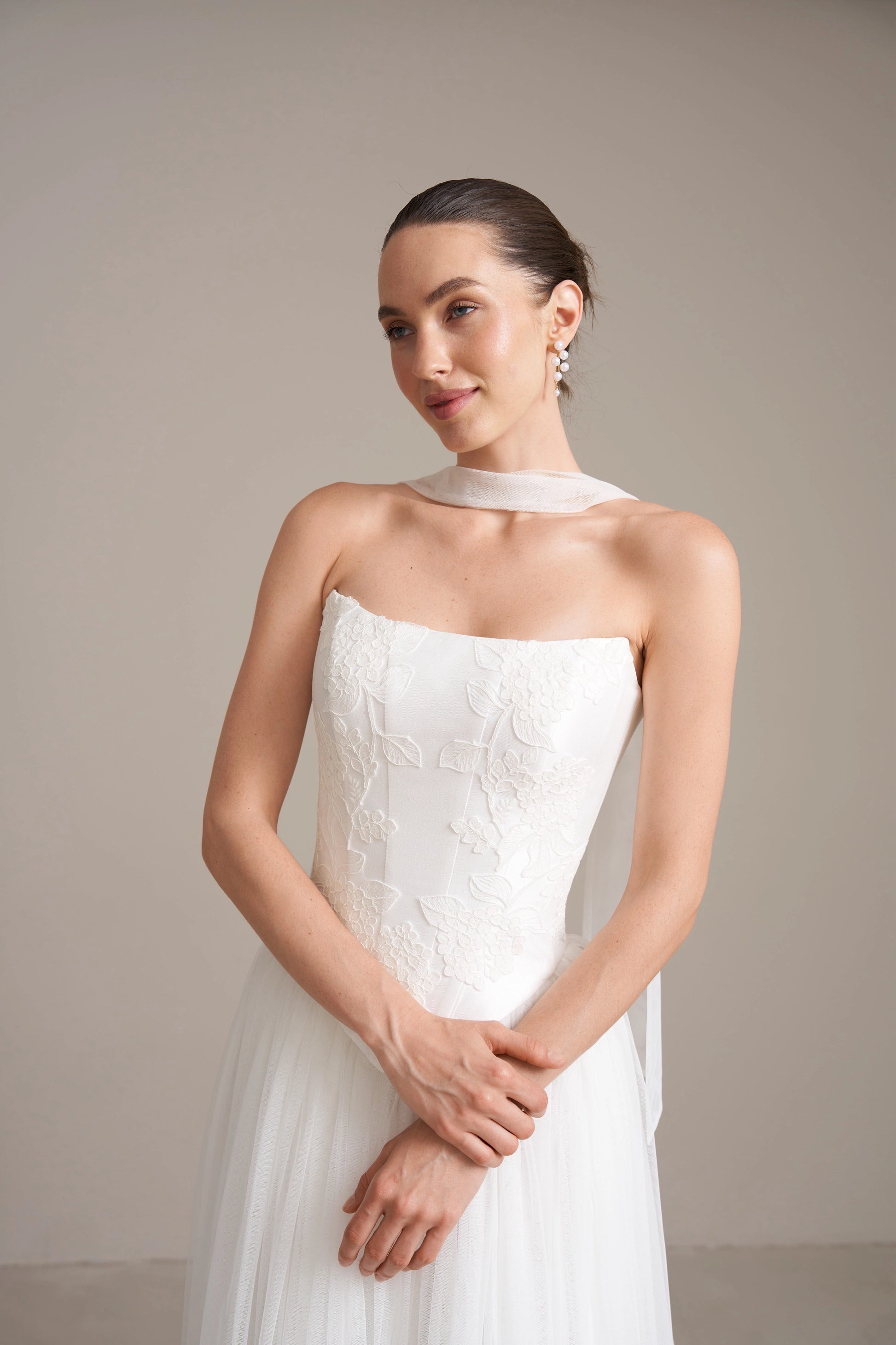 Romantic A-line Strapless Neck Ribbon Corset Back Floor-length Wedding Dress