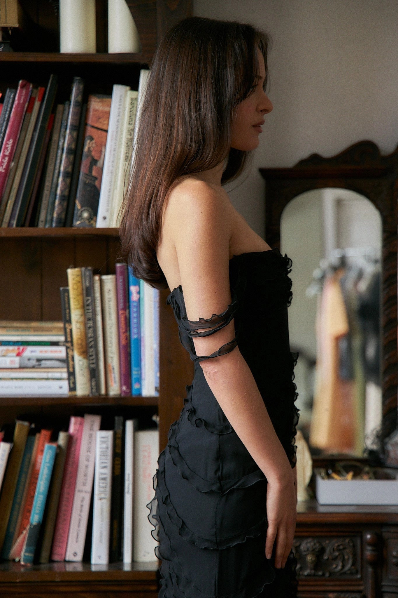 Black Chiffon Mermaid Strapless Ruffled Multi‑Strap Open‑Back Slit Floor‑Length Prom Dress 