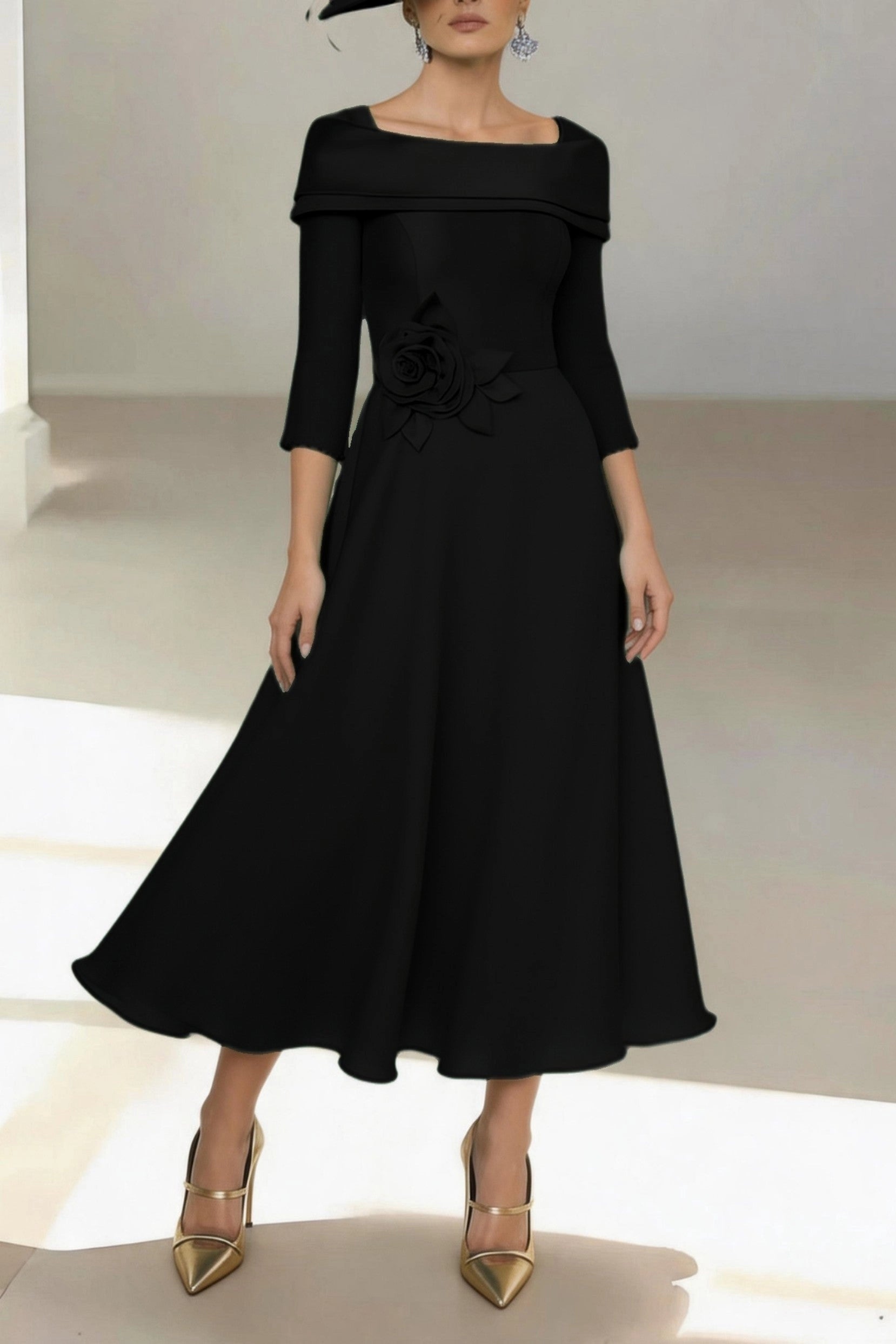 Vintage A-Line Off Shoulder 3/4 Sleeve Zip Back Midi Mother Of The Bride Dress
