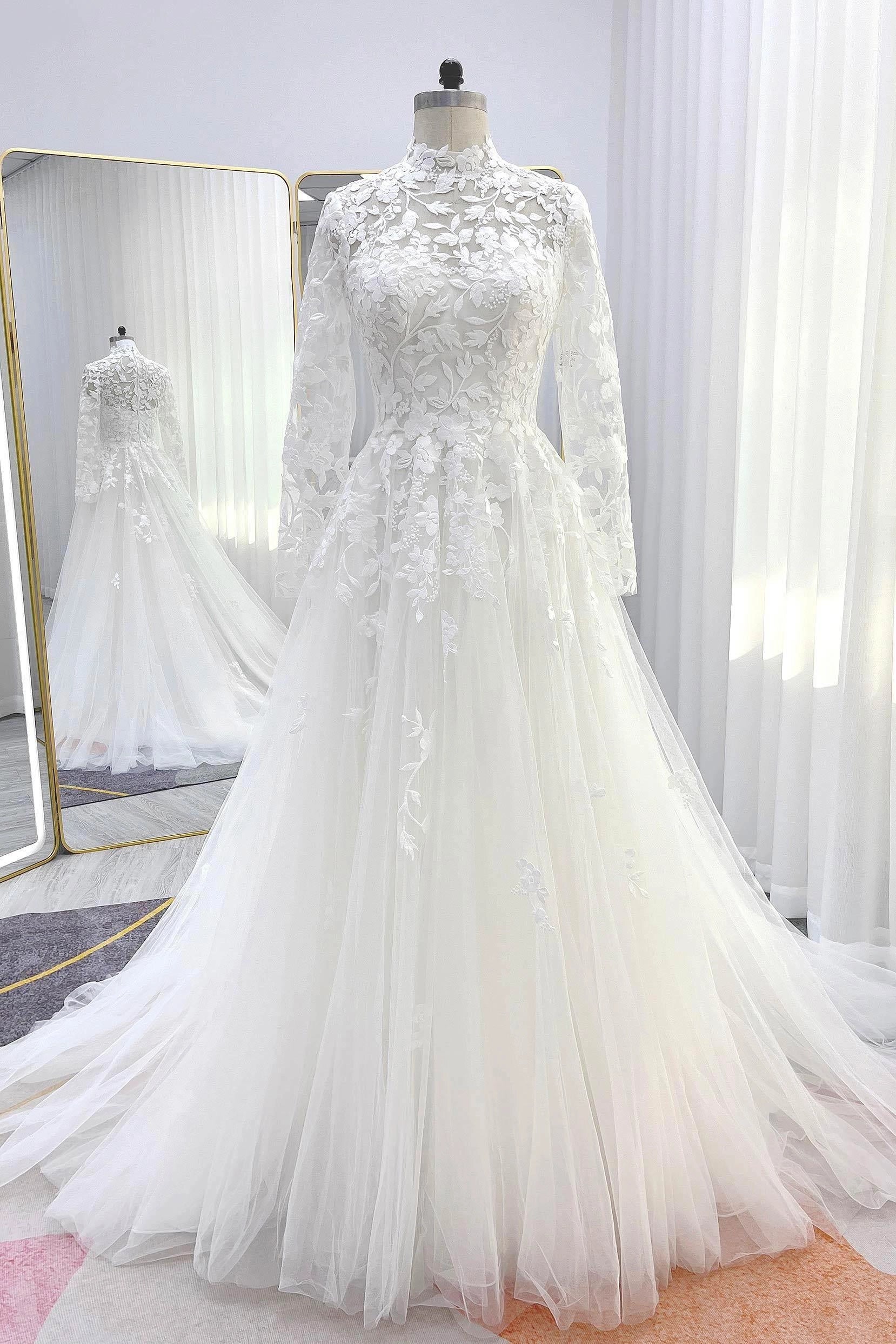 Vintage A line High Neck Long Sleeve Zipper Back Train Modest Wedding Dress
