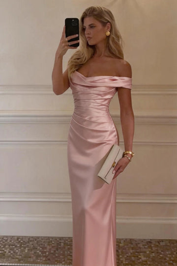 Sheath Off-the-Shoulder Short Sleeve Satin Ruched Lace-Up Evening Dress