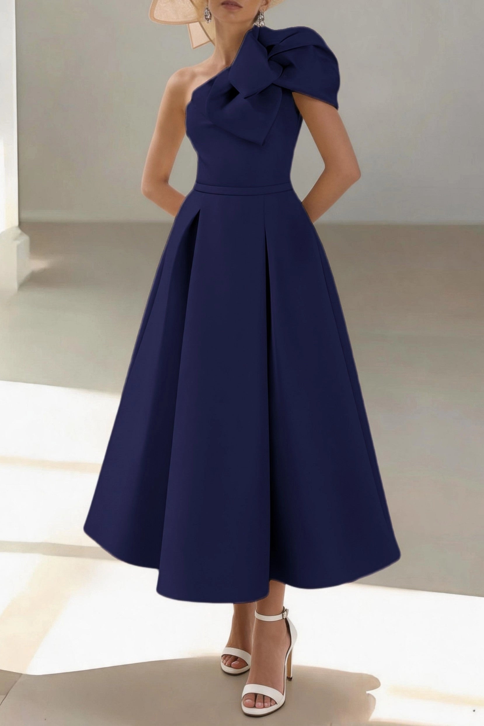 Elegant A-Line One Shoulder Sleeveless Zip Back Midi Mother Of The Bride Dress