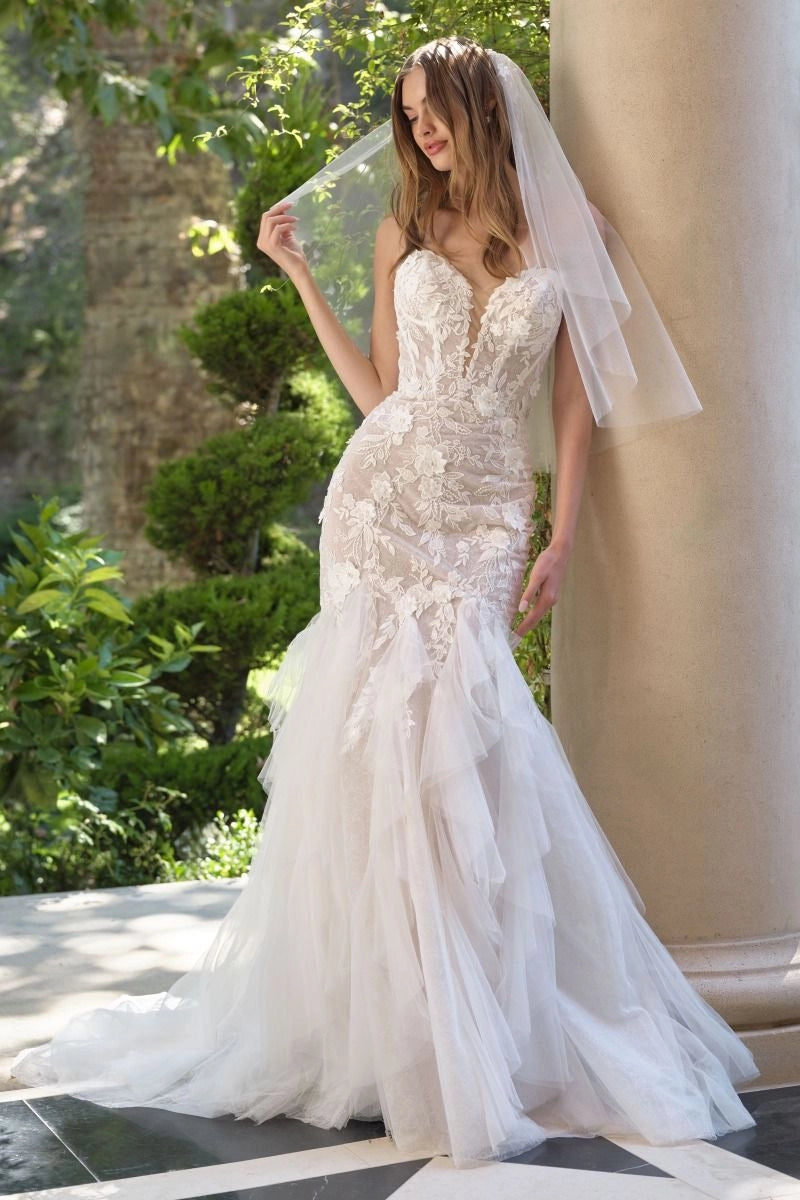 Glamorous 3D Floral Mermaid Strapless Sweetheart Zip Back Ruffled Tulle Wedding Dress