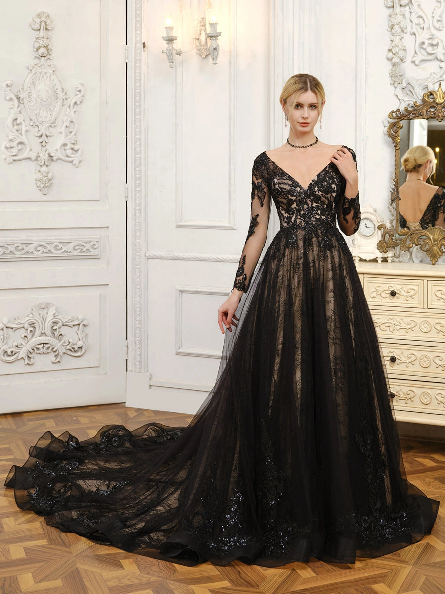 Elegant A Line Deep V Long Sleeve Low Back Court Train Wedding Dress