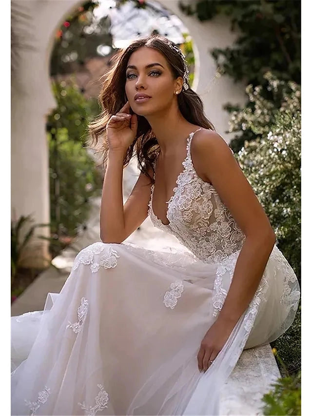 Lace Floral A-Line Deep V Spaghetti Strap Plunge Back Ruffle Train Wedding Gown