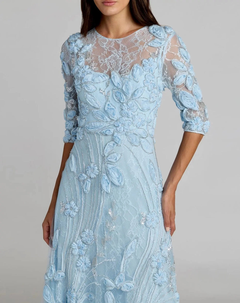 Light Blue Sheath Round Neck 3/4 Sleeve Lace‑Up Back Long Mother Of The Bride Dress