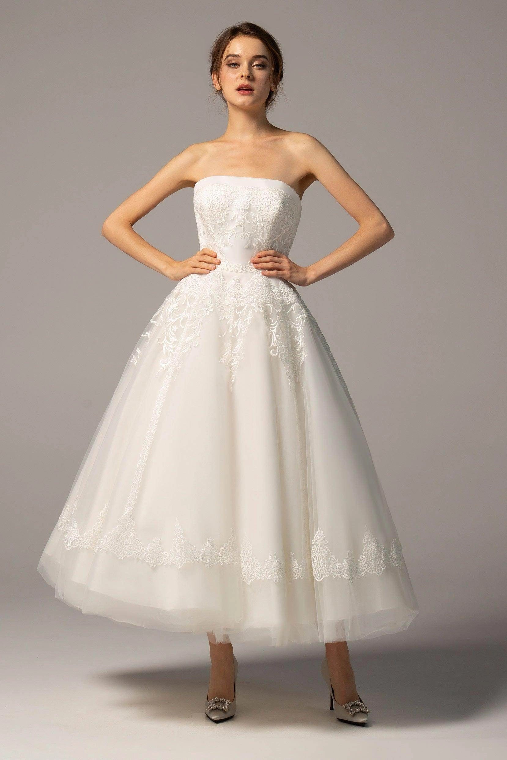 Vedress Vintage Strapless Lace Tea Length Midi Wedding Dress A Line Plain Back