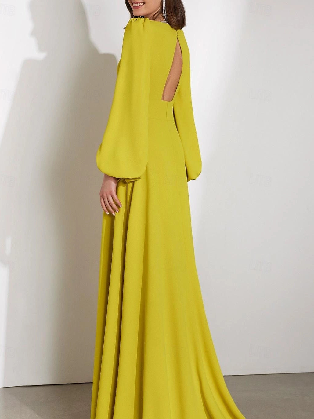 Back view Vedress long sleeve formal dress,open keyhole cutout back,invisible zipper,soft sweeping train