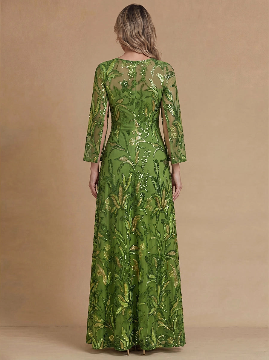 Vedress green sequin mother of the bride dress,back view sheer 3/4 sleeves,leaf sequin embroidery,center back zipper,beige studio background