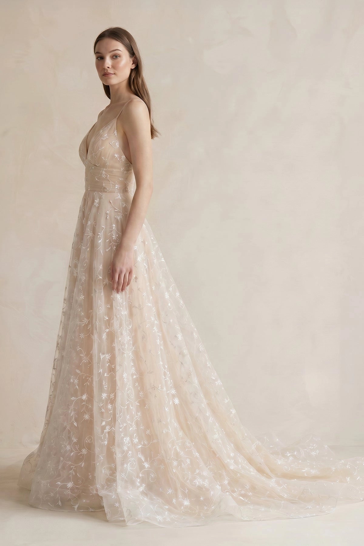 Romantic A-Line V Neck Sleeveless Low Open Back Train Wedding Bridesmaid Dress