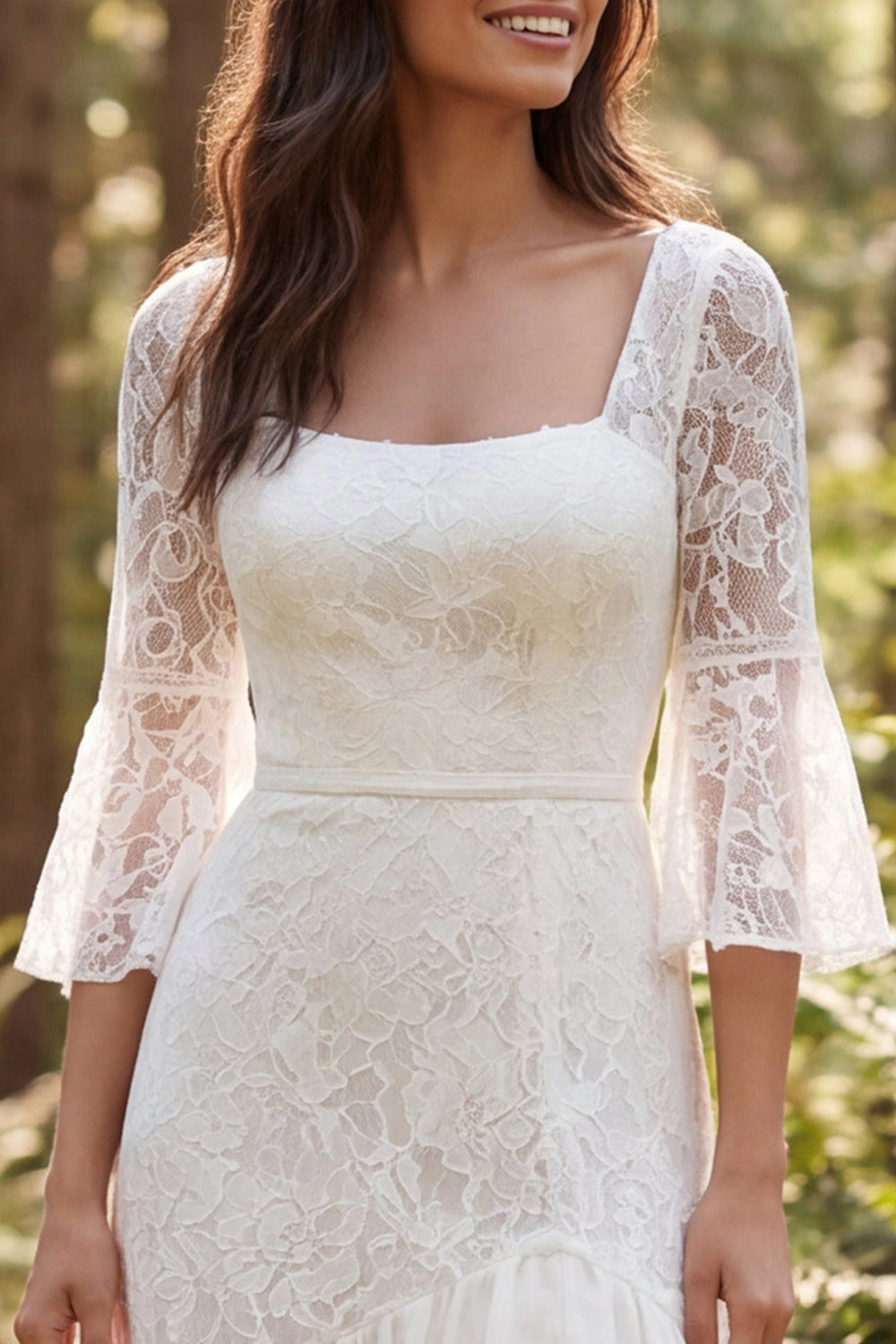 Bohemian Mermaid Square Neck Bell Sleeve Low Back Slit Train Wedding Dress