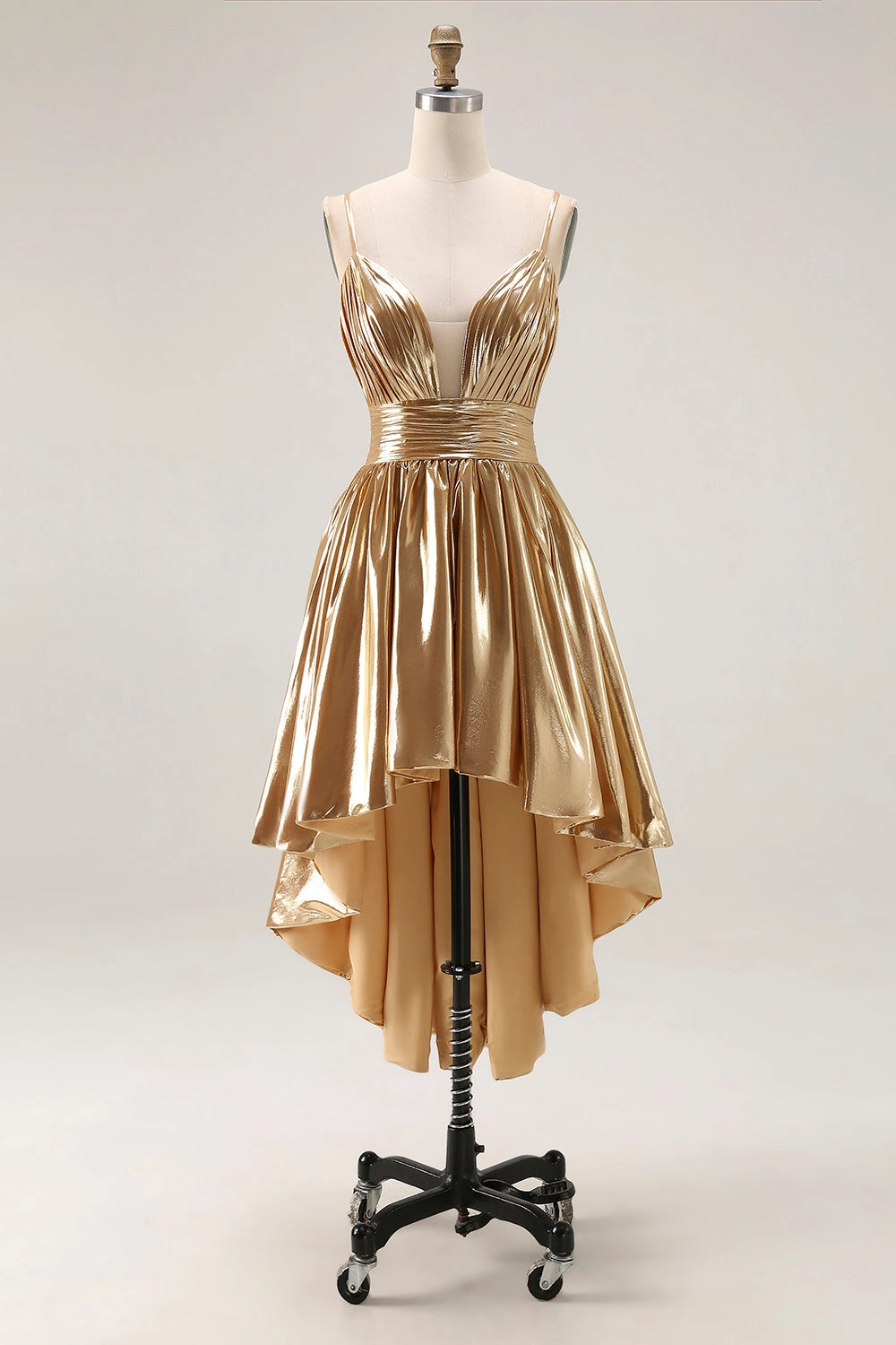 Glamorous A‑Line V‑Neck Spaghetti‑Strap V‑Back High‑Low Homecoming Prom Dress