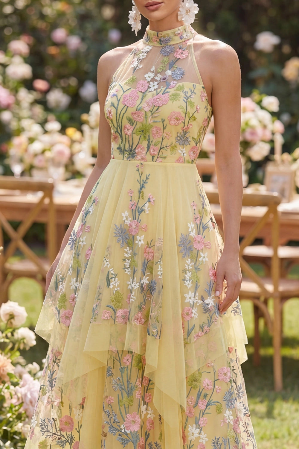 Yellow Floral Midi Halter Keyhole Back High Low Prom Dress