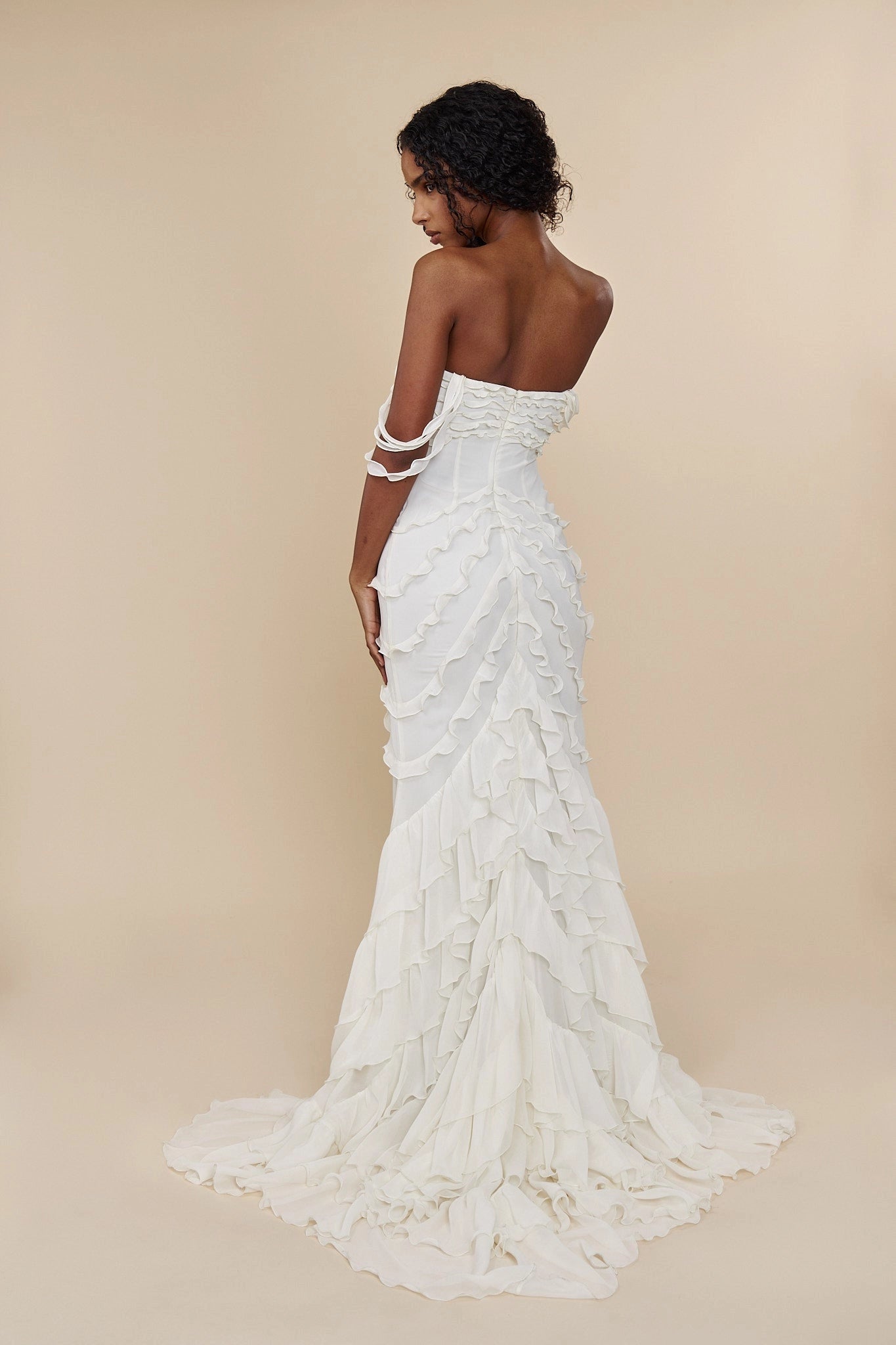 Back view of Vedress layered ruffle open‑back chiffon bridal long gown