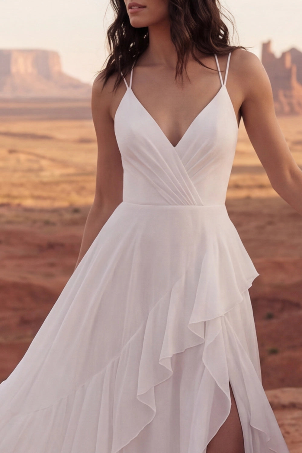 Western A-Line Deep V Spaghetti Strap Criss Cross Back Slit Ruffled Chiffon Elopement Wedding Dress