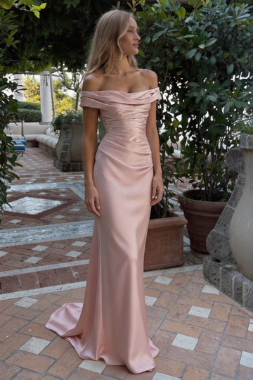 sheath off-the-shoulder satin evening dress with ruched bodice and floor-length fitted silhouette