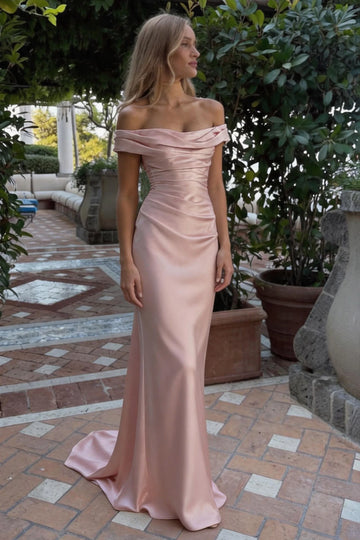 sheath off-the-shoulder satin evening dress with ruched bodice and floor-length fitted silhouette