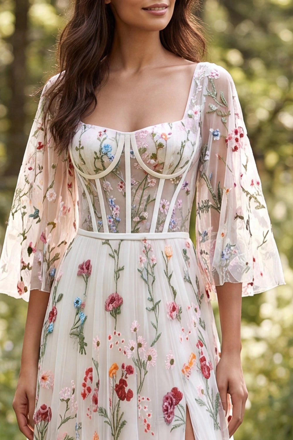 Whimsical A-line Square Neck Flare Sleeve Open Back Slit Train Bridesmaid Dress