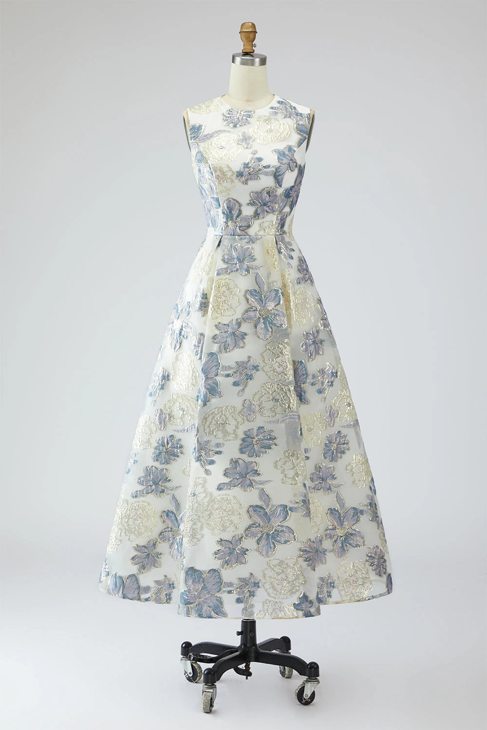 Floral A-line Crew Neck Zipper Back Midi Wedding Guest Dress